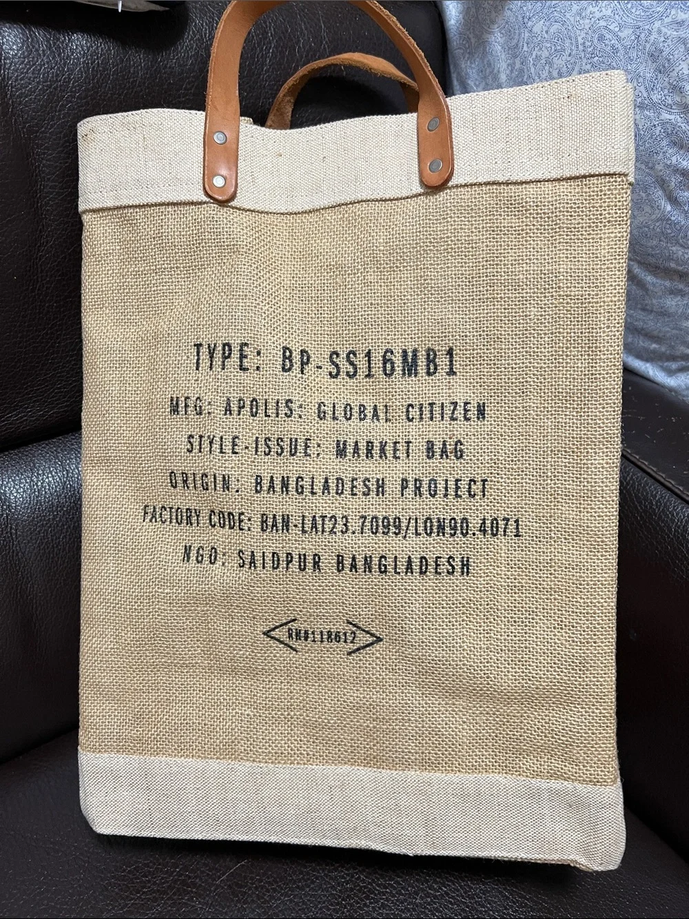 Farm Shop California Jute Tote Bag with Leather Handles - Tan